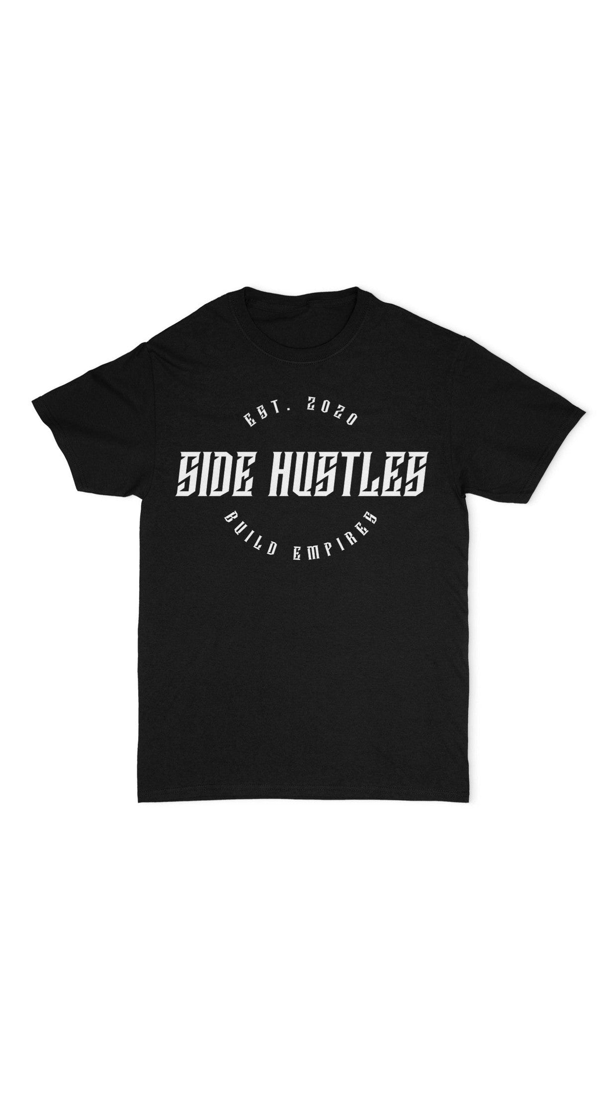 Unisex vlack soft premium shirt with while screen printed aide hustle desig for entrepreneurs