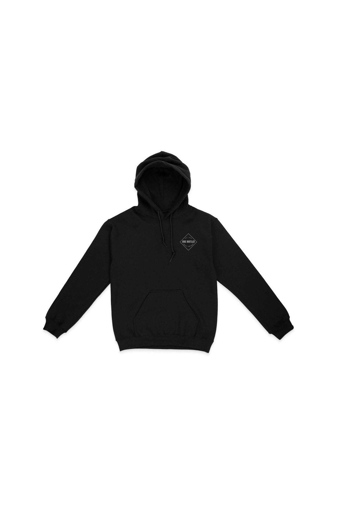 softest hoodie ever black loose fit with side hustle white screen print