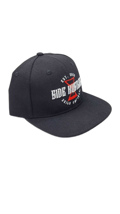 3D Hourglass Snapback black premium snapback with embroidered 3d logo for individuals with side hustles. side hustle apparel