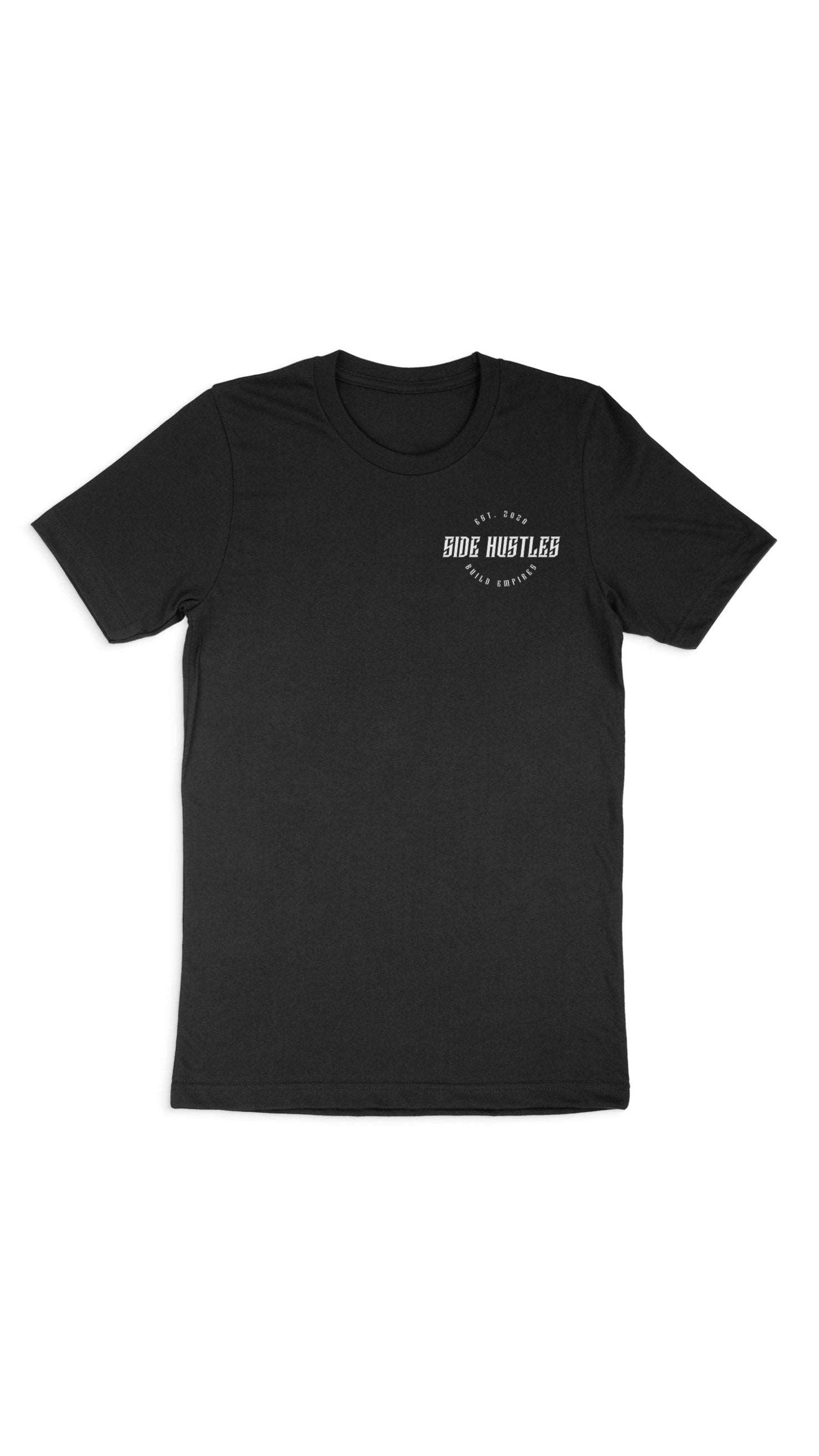 Front image of black soft premium screen printed shirt with side epistle design small front pocket area