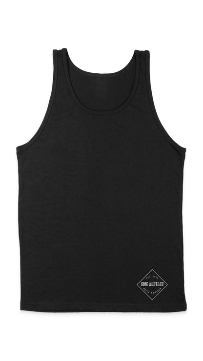 Men's cotton black soft tank top with screen printed small side hustle logo on lower left side of shirt