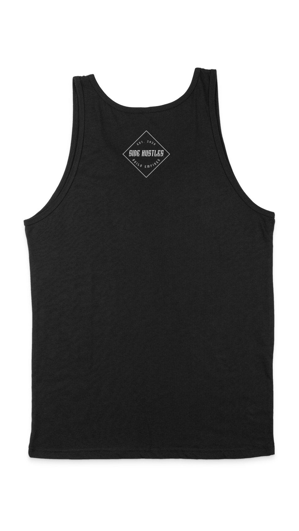 Black comfortable soft tank top with side hustle logo screen printed on lower left side