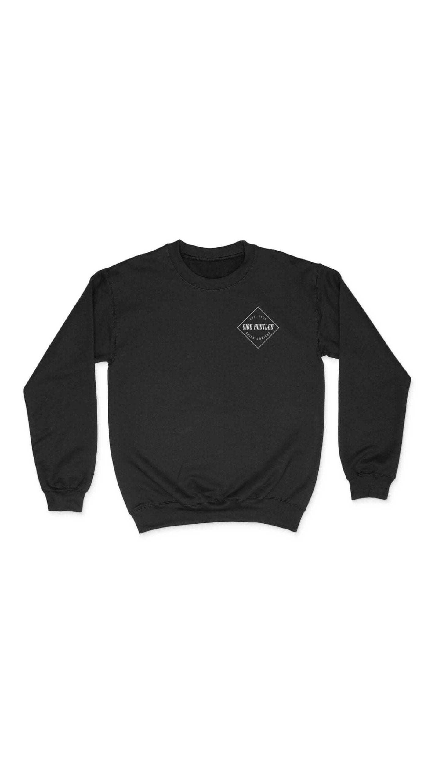 Black crew neck with premium screenprinted side hustle branded print