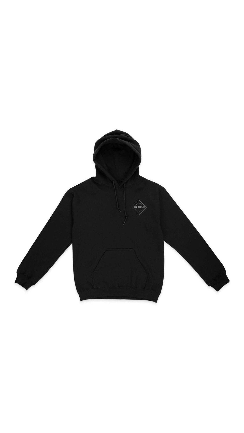 softest hoodie ever black loose fit with side hustle white screen print