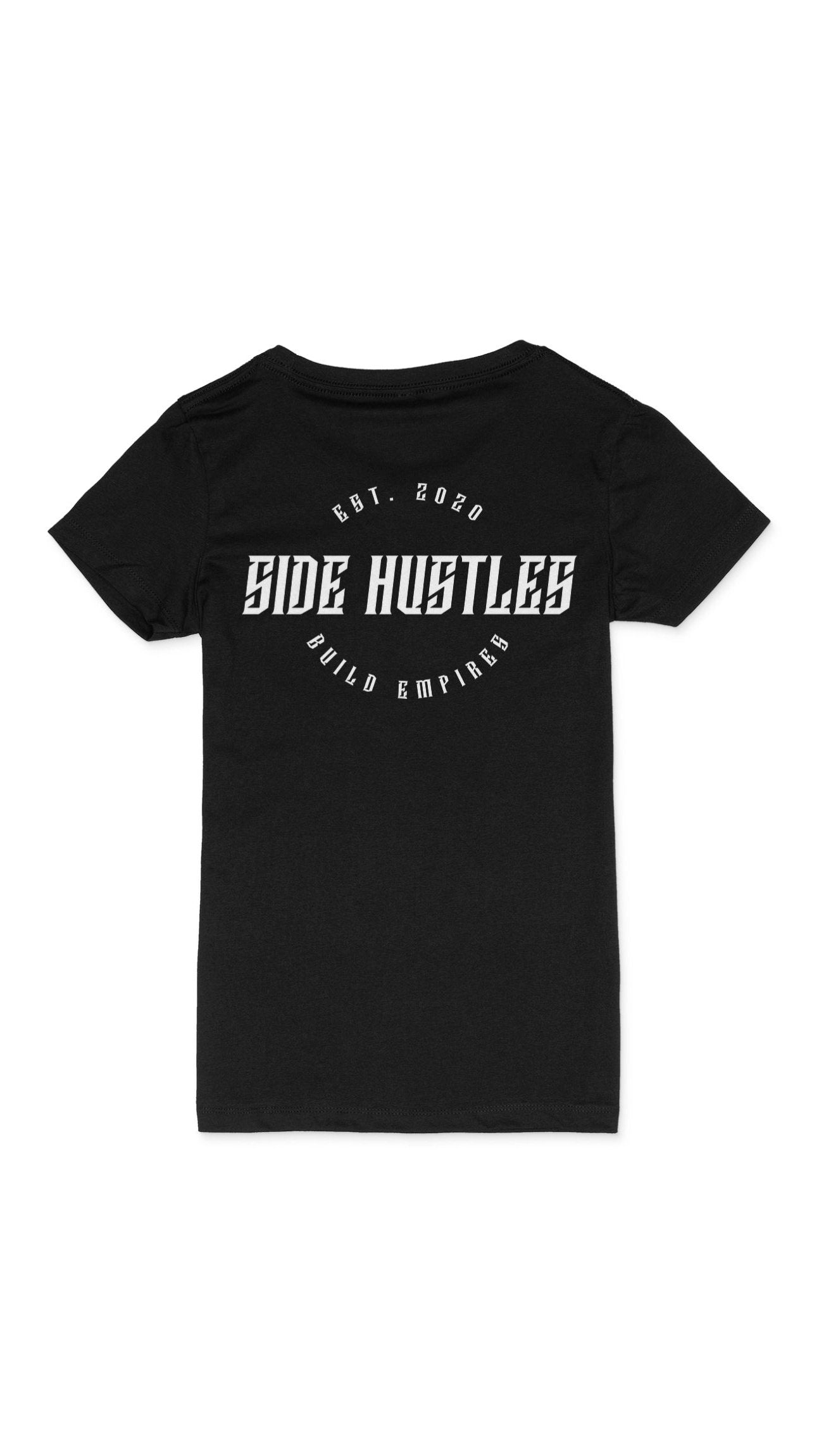 Black soft womens side hustle merch t shirt with screen printed design on back