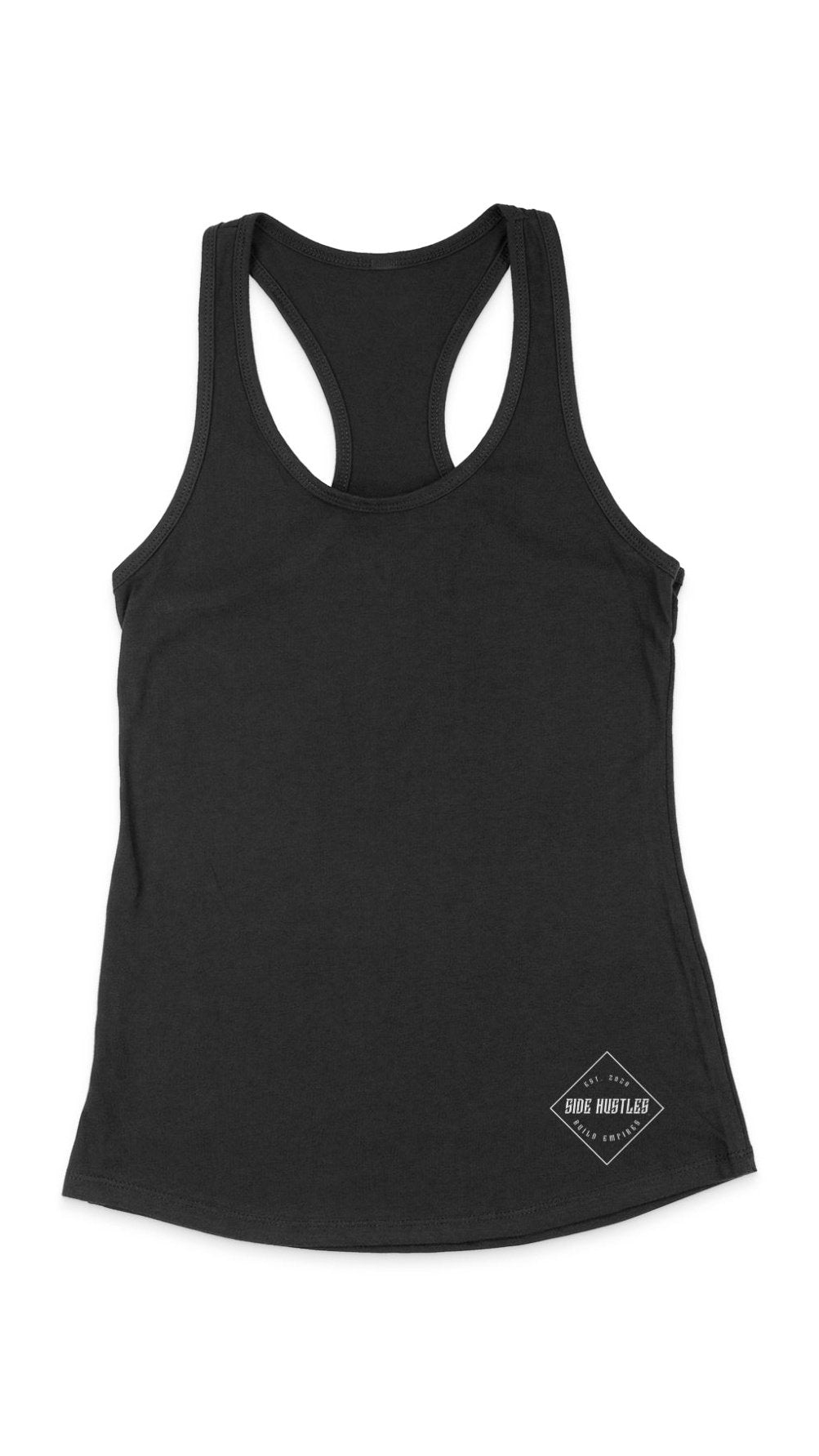 Black womens side hustle tank top with small white screen print on lower left side