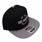 Premium black and grey 6 panel hlsnapback style hat with side hustle embroidered design on front