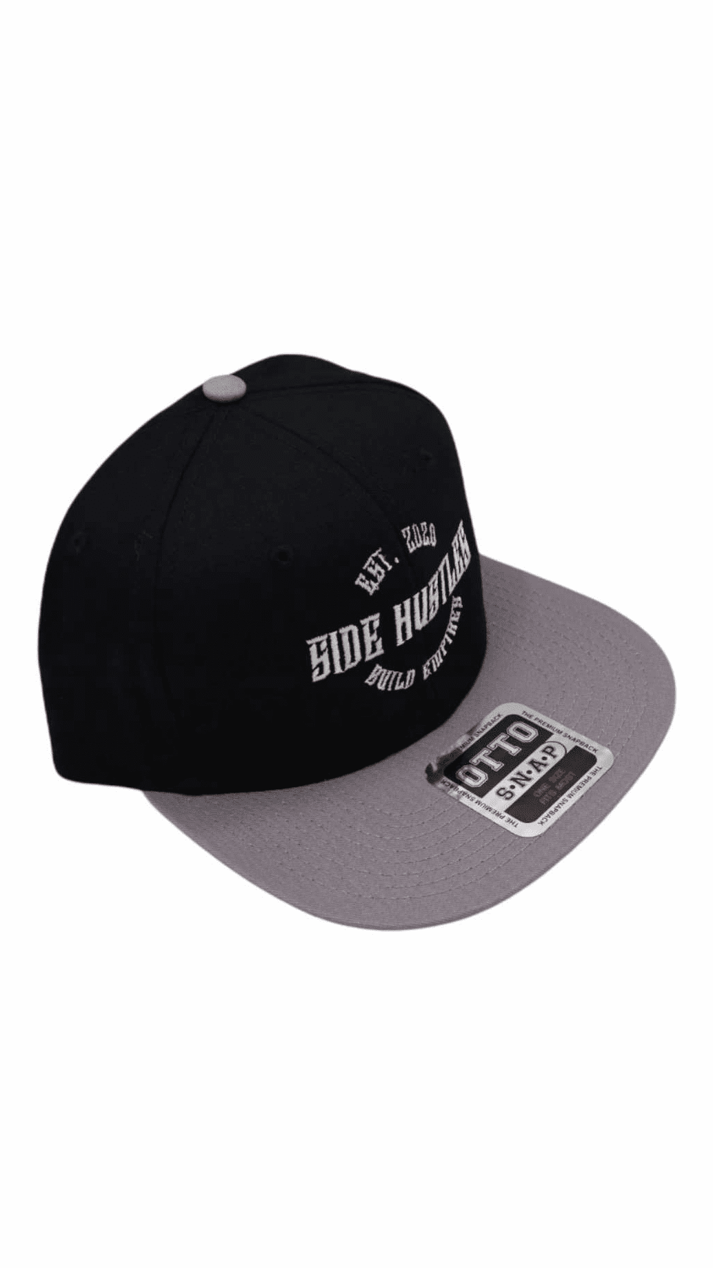 Premium black and grey 6 panel hlsnapback style hat with side hustle embroidered design on front